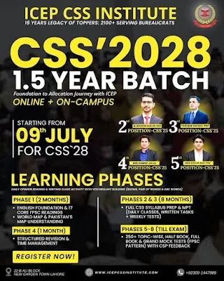 CSS Annual Plan CSS admissions poster for ICEP CSS Institute showing Prime Session 2027 and Annual Plan 2028 batches in Lahore
